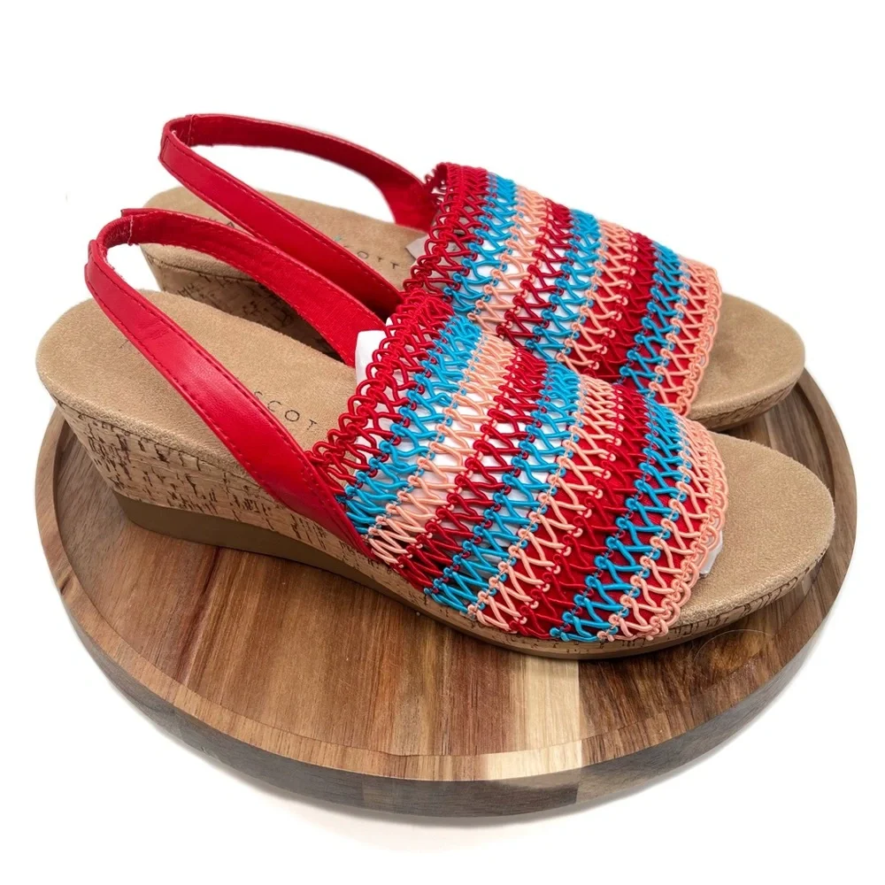 Karen Scott Meriamm Macrame Cork Slingback Wedge Sandals Red Stripe Size 8